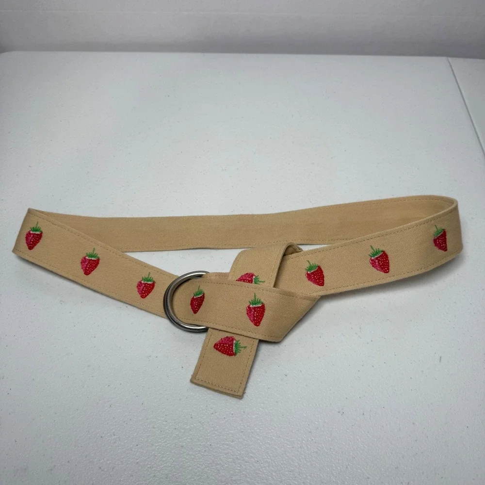 J. Crew Y2k Embroidered Strawberry Cotton Double Ring Belt Size MED-LGE